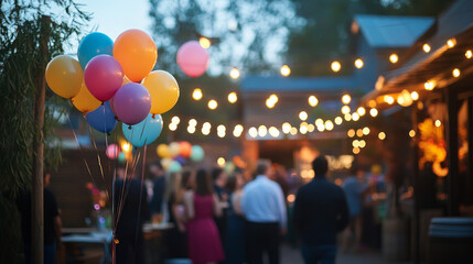 Fototapeta premium String lights and balloons at an outdoor party.