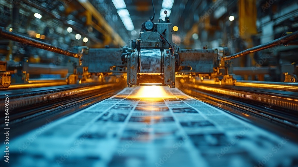 Poster this image showcases a high-speed printing machine in a newspaper factory, emphasizing the technolog