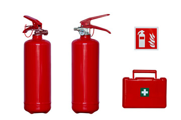 fire extinguisher, first aid kit and safety sign isolated on white background