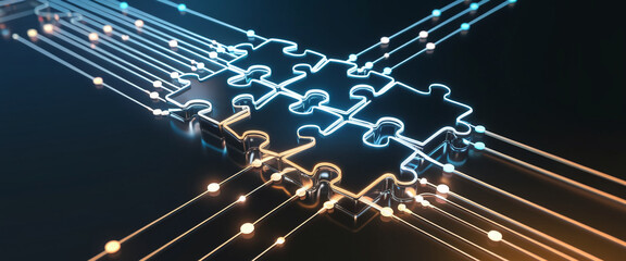 A glowing high-tech visual of interconnected puzzle pieces, symbolizing the integration of systems and connectivity in modern technology or data-driven networks.