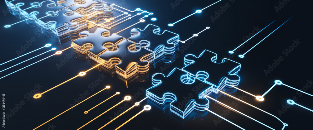 Aufkleber A high-tech visual of interconnected glowing puzzle pieces, symbolizing digital connections, networking, and integration of systems within the realm of technology and data.