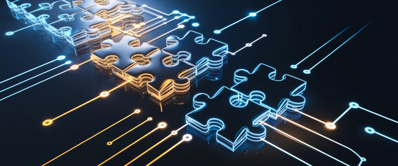 A high-tech visual of interconnected glowing puzzle pieces, symbolizing digital connections, networking, and integration of systems within the realm of technology and data.