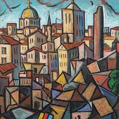 Cubist Cityscape with Golden Dome