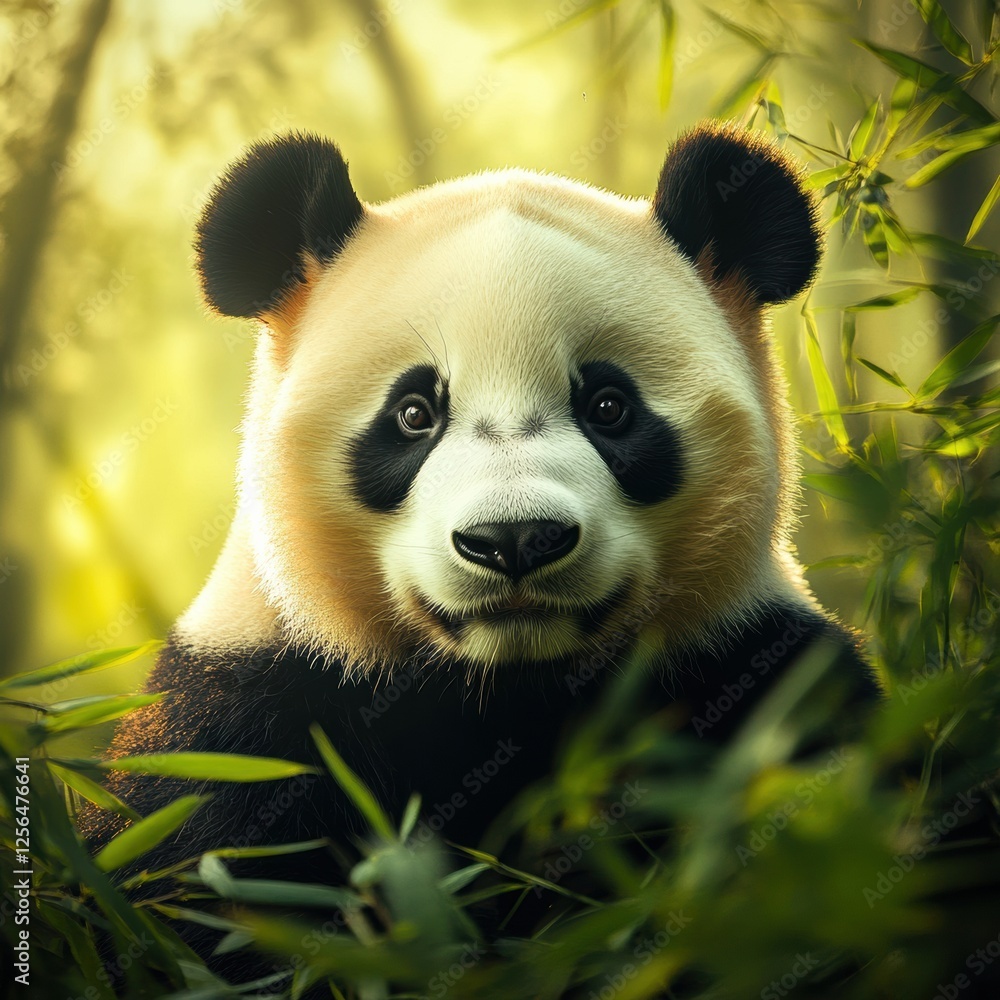 Poster portrait of a panda in a lush bamboo forest with space for additional text and information. generati