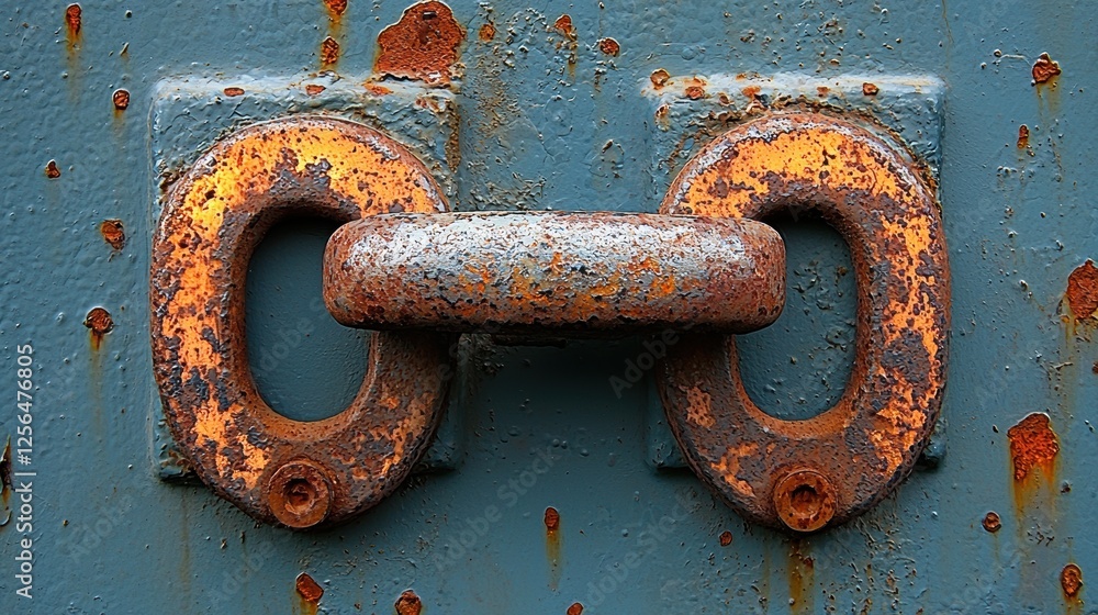 Poster close-up of a rusty metal latch on a blue surface.