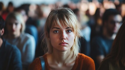 Annoyed participant in a poorly organized event. Featuring a crowded venue with mismanaged seating