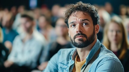Annoyed participant in a poorly organized event. Featuring a crowded venue with mismanaged seating