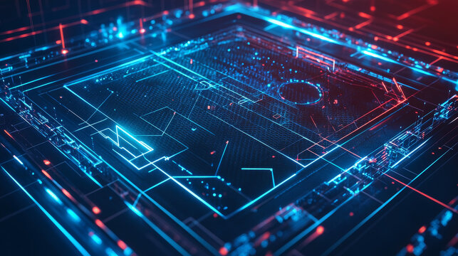 Hologram game plan. The game plan consists of polygons, triangles of points and lines. The diagram drawn on the football field is a low-poly compound structure. Technology concept vector.