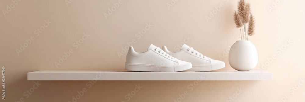 Aufkleber minimalist shoe shelf showcasing stylish sneakers with decorative vase and blank space for design in