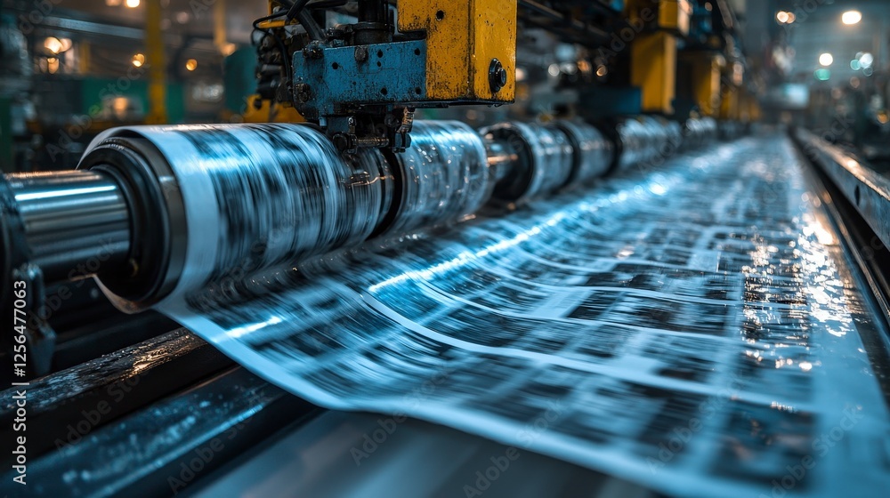 Aufkleber the image showcases a printing press rolling out printed newspapers in a factory setting, highlighti