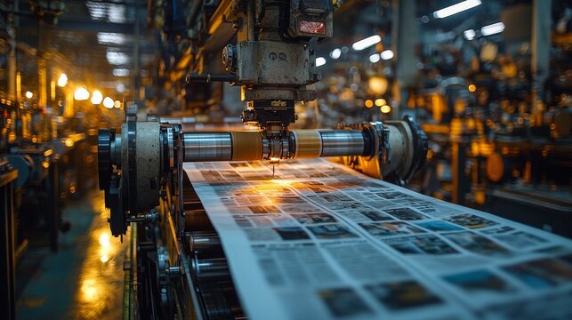 This image captures a printing press producing multiple sheets of freshly printed newspapers, showcasing the industrial process of news production and modern technology.