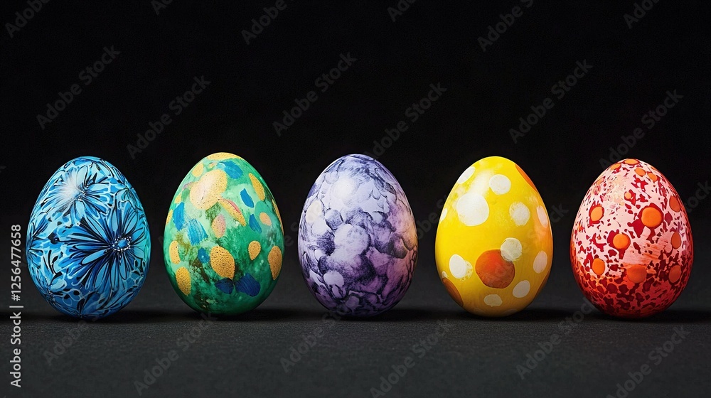 Poster a row of painted eggs is arranged neatly on a dark surface against a black backdrop