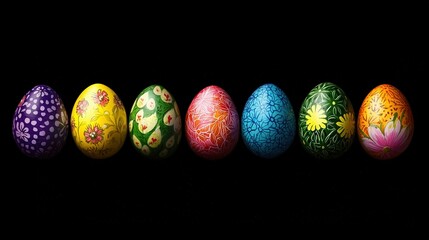 Obraz premium A line of colorful eggs arranged on a dark background, with an egg centered in the middle