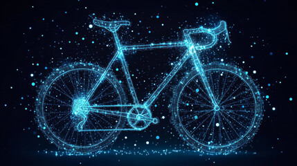 Fototapeta premium A Bicycle made of particles. The bike consists of dots and circles. Blue Bike on dark background.