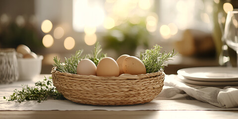 Obraz premium Basket with Farm Fresh Eggs and Greenery in a Rustic Setting