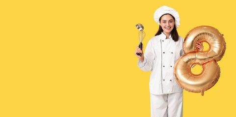 Young female chef holding balloon in shape of figure 8 and kitchen utensils on yellow background with space for text. International Women's Day