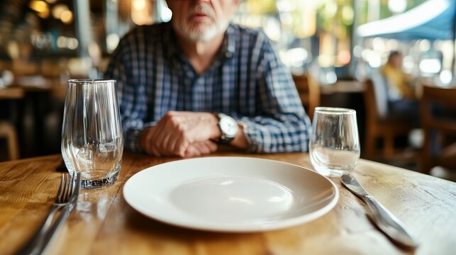 Annoyed restaurant patron with long wait times. Featuring an empty plate on a table