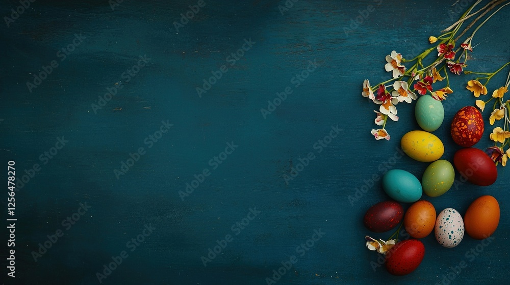 Poster a group of colorful eggs on a table with a flowering branch nearby