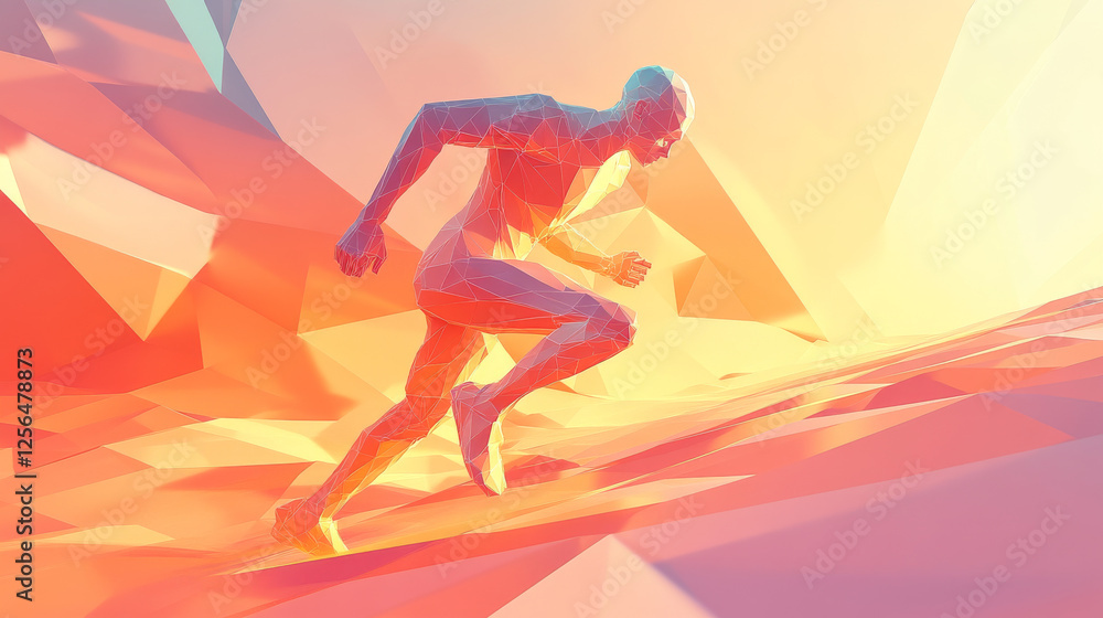 Poster hologram running. runner logo of polygons, triangles of dots and lines. runner icon is a low-poly co