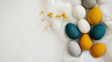   A collection of eggs resting atop a white bed beside a bright yellow and white blossom on a pristine white sheet