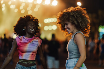 Two happy women dancing and laughing at music festival at night