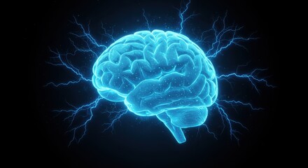 A glowing 3D rendering of a human brain emitting a radiant blue light surrounded by crackling electric lightning bolts