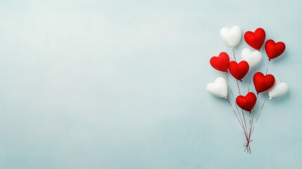 Fototapeta premium A sea of red and white balloons on a light blue canvas, adorned with a crimson string