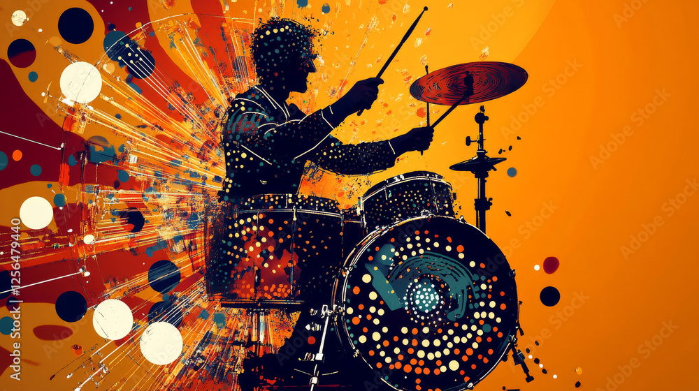 Poster the drummer of the particles. the drummer in a school band consists of circles and points. vector il