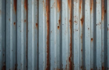 Close-up grey painted corrugated sheet metal texture. Weathered iron wall with vertical stripes pattern, depth of field. Rusty surface. Grunge background, scratched aged metal, metal siding paneling.