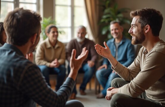 People share experiences at support group session. Men, women talk about addiction, mental health and depression with therapist. Group therapy helps with rehabilitation, provides advice and guidance.