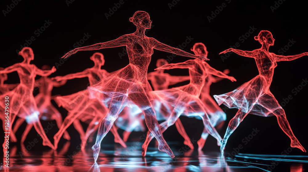Poster hologram ballet. ballerina of polygons, triangles of points and lines. ballet is a low-poly connecti