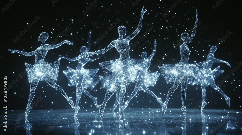Poster hologram ballet. ballerina of polygons, triangles of points and lines. ballet is a low-poly connecti