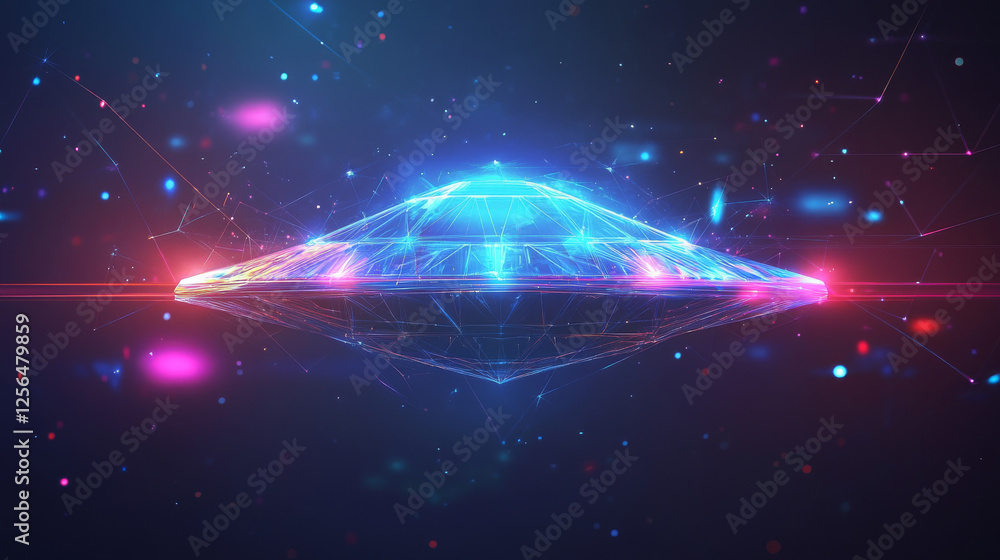 Poster a hologram of a ufo. the flying saucer sign consists of polygons, triangles of points and lines. the