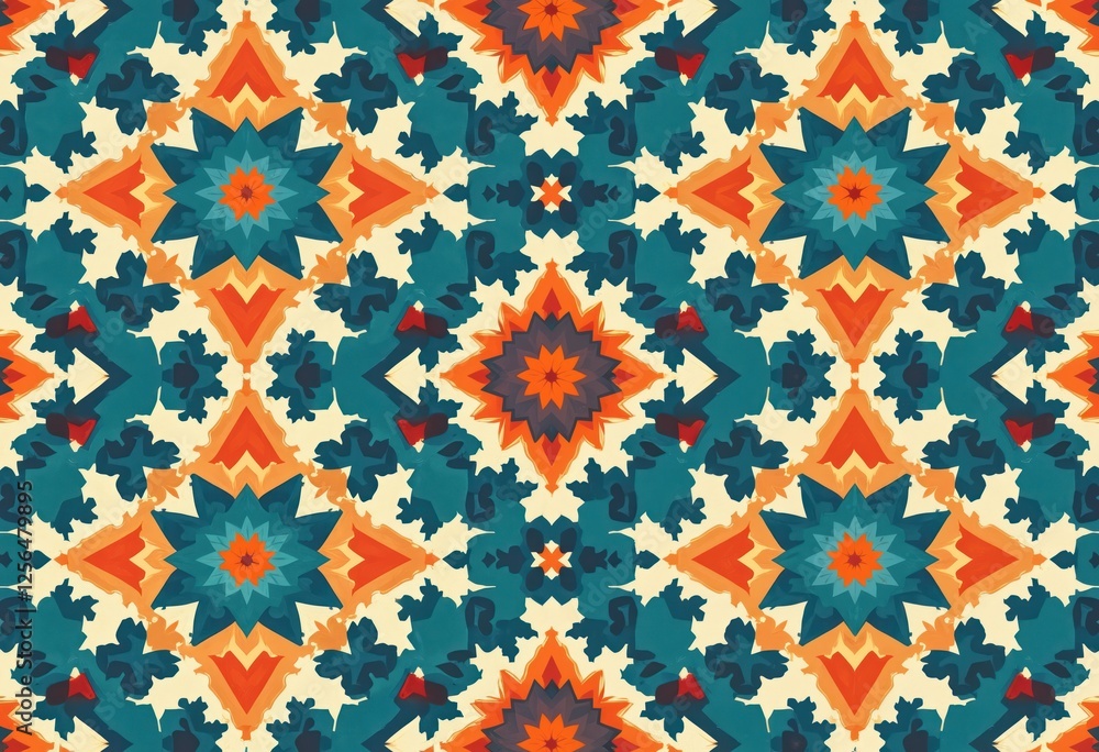 Poster islamic geometric seamless pattern tilework illustration. mosaic design, intricate colorful shapes. 