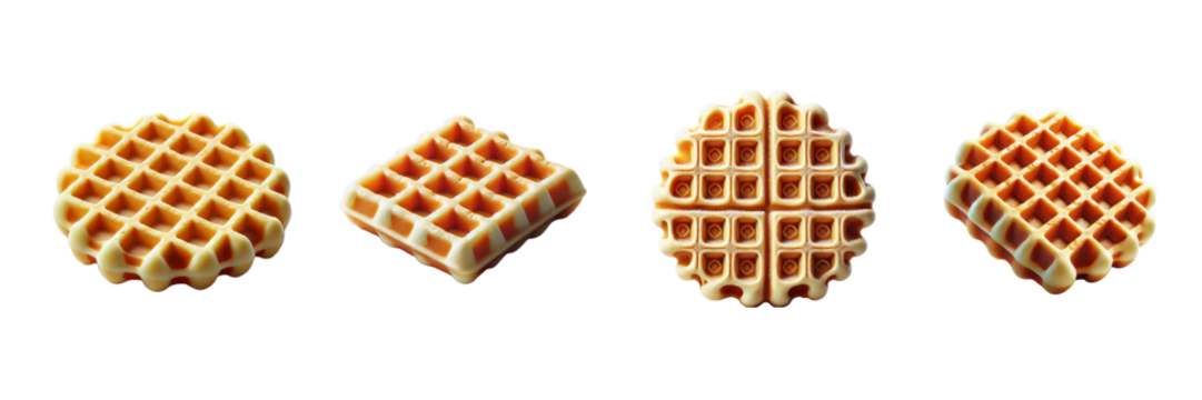 Crispy waffle slices with lattice pattern, top view, side view isolated on transparent background, PNG file. Perfect for layouts or food presentations