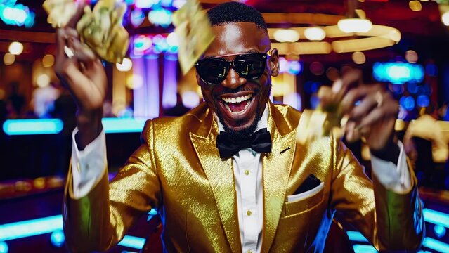 Sophisticated high rollers in tailored suits winning big, cheering with euphoric energy while basking in casino's vibrant atmosphere of excitement and luxury
