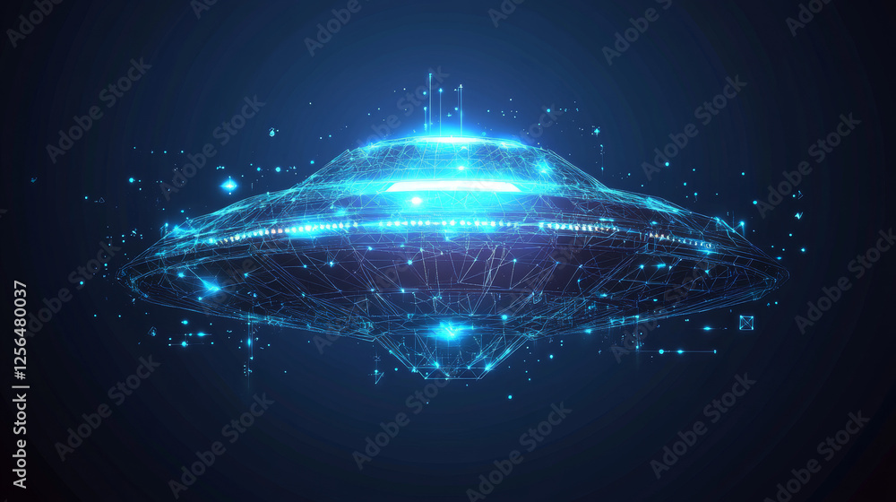 Poster a hologram of a ufo. the flying saucer sign consists of polygons, triangles of points and lines. the