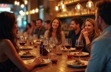 People enjoy tapas, wine at lively Spanish bar. Friends gather sharing appetizer, socializing in restaurant. Vibrant atmosphere, traditional cultural experience, delicious savory food, wine