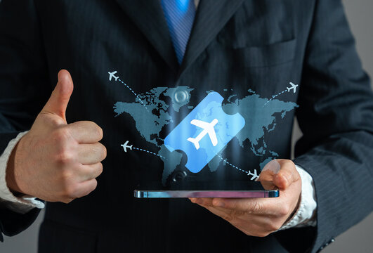 Businessman booking air tickets. Flight booking purchase services. Business trips. Flight schedules management. Online travel reservations.