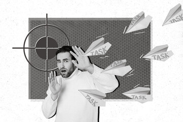 Creative photo 3d collage artwork poster postcard of worried man have many work assignments...