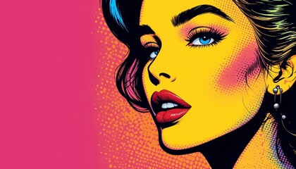 Fototapeta premium Pop art-style woman’s face in bold colors and halftone effect on left side with ample copy space for dynamic International Women’s Day banner