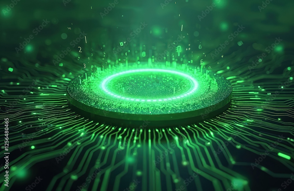 Fototapete Illustration of quantum computing core emitting vibrant green light. Swirling data streams, complex algorithmic symbols orbit around central element. Hi-tech technology background. Circuit board
