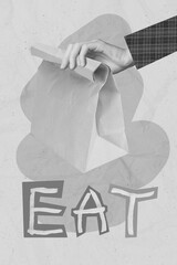 Creative photo artwork vertical collage of hand holding paper package lunch time eat delicious...
