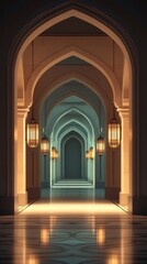 Obraz premium Elegant Islamic Architecture Featuring Symmetrical Arched Hallway with Lanterns and Soft Lighting Ideal for Eid Mubarak and Ramadan Kareem Greetings with Ample Copy Space