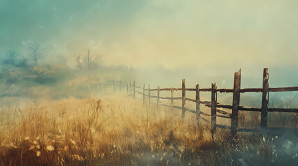 Obraz premium Rustic rural landscapes with worn-out rusty fences, soft diffused light, low saturation, earthy tones, serene mood, vintage feel. Time-Torn Landscapes. Illustration
