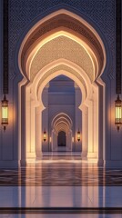 Elegant Interior of a Stunning Mosque with Illuminated Arches and Lanterns Creating a Peaceful Atmosphere for Eid Mubarak, Ramadan Kareem or Muharram Celebrations with Copy Space Background