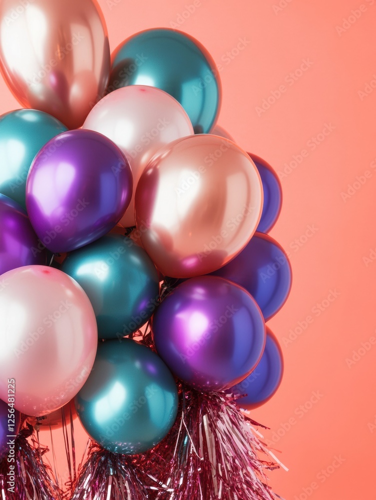 Poster Colorful balloons and shimmering tinsel create a vibrant party backdrop for celebrations in a minimalist space. Generative AI