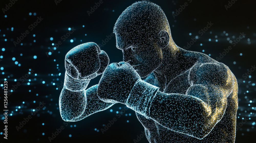 Poster boxer of the particles. the boxer is made of little circles. the boxer in the pose of attack. vector