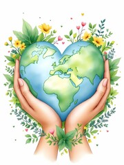 Hands holding a heart-shaped Earth, surrounded by delicate greenery and small hearts, symbolizing love for the planet