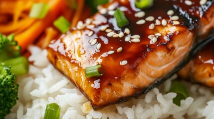 Close-up of rice with flavorful teriyaki salmon. Featuring grilled salmon glazed with teriyaki sauce, served over rice. Emphasizing a juicy, flavorful dish. Ideal for teriyaki recipes.